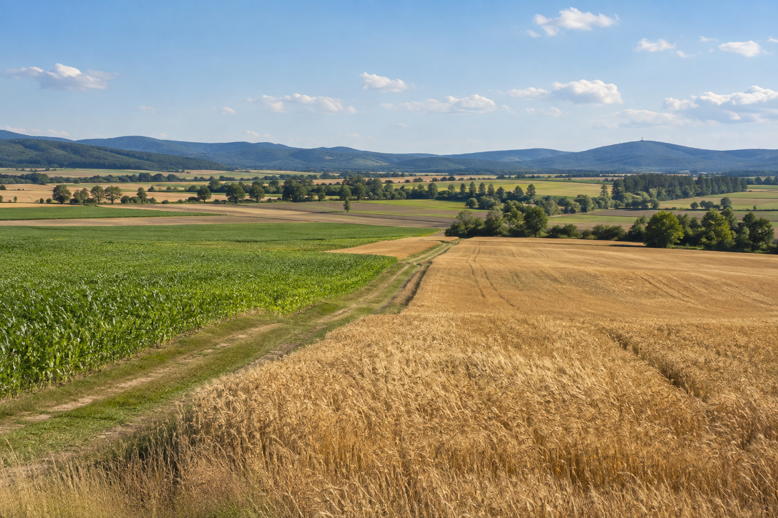 Weite Ackerflächen mit Feldweg und bewaldeten Hügeln