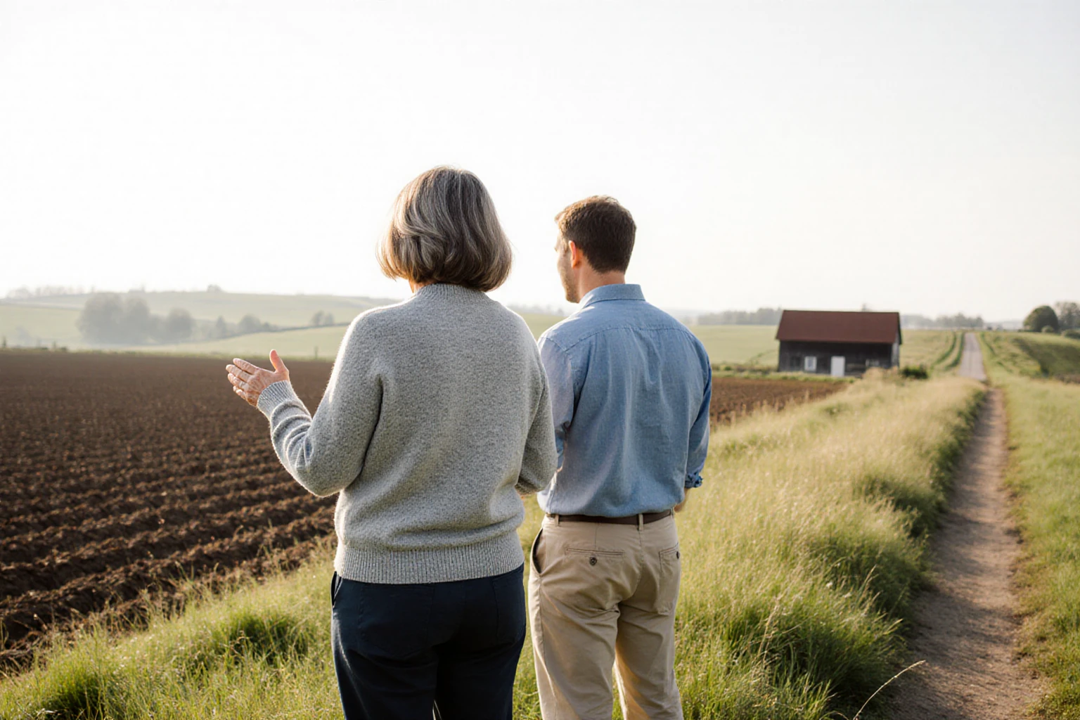 Woman and man looking across agricultural land from a field edge